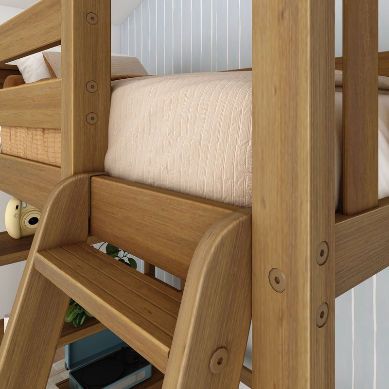 Close-up of a solid wood bunk bed ladder and side rail with beige quilted bedding, wooden steps, blue-striped accent wall and record player on a lower shelf in a modern kids bedroom