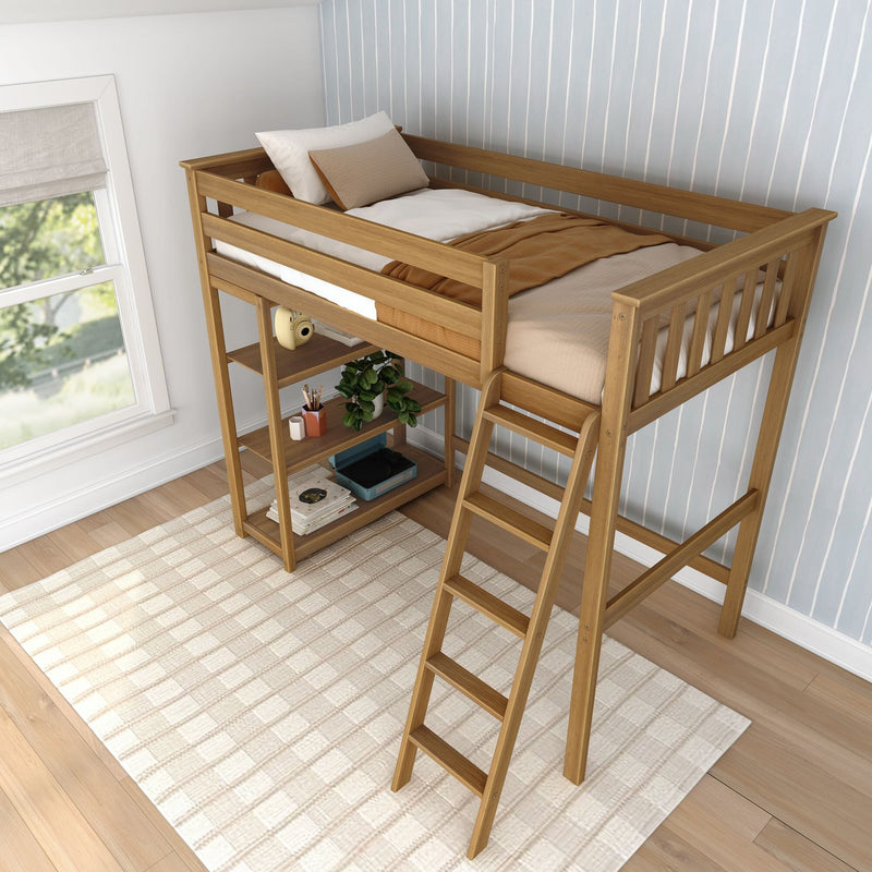 Wooden loft bed for kids with ladder and built-in shelves, neutral bedding and pillows in a bright bedroom with blue striped wallpaper