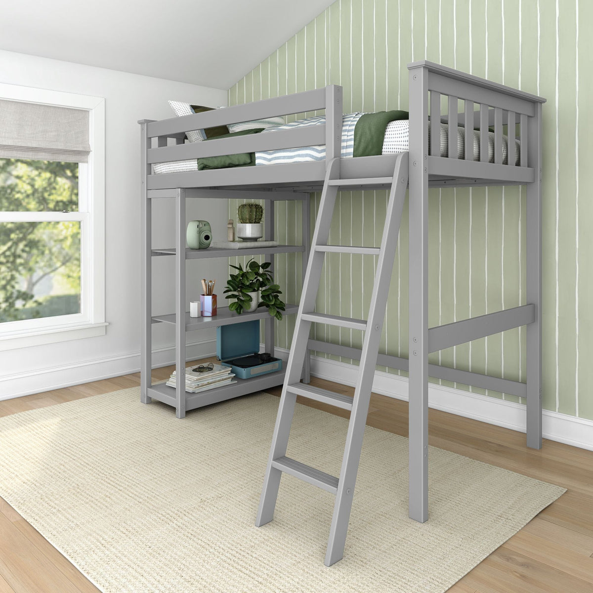 Kid's Twin High Loft Bed with Bookcase