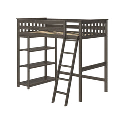 Loft bed with ladder and integrated shelving for small spaces.