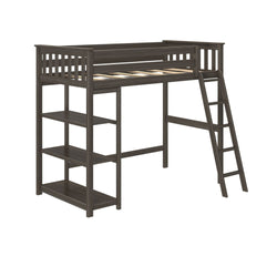 Gray wooden loft bed with ladder and built-in shelves.