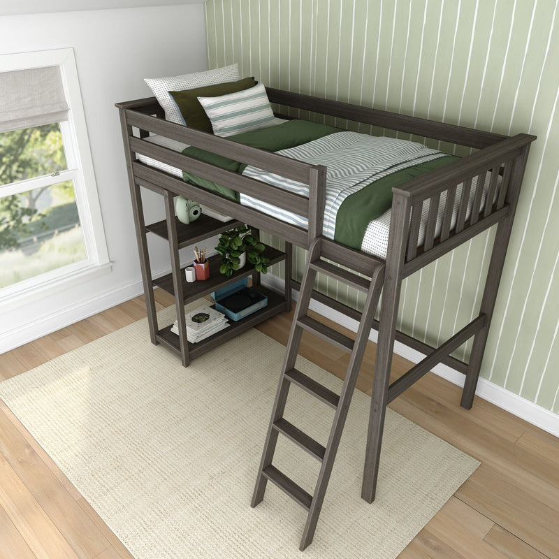 Loft bed with ladder and built-in shelves in a modern bedroom setup, ideal for maximizing space.