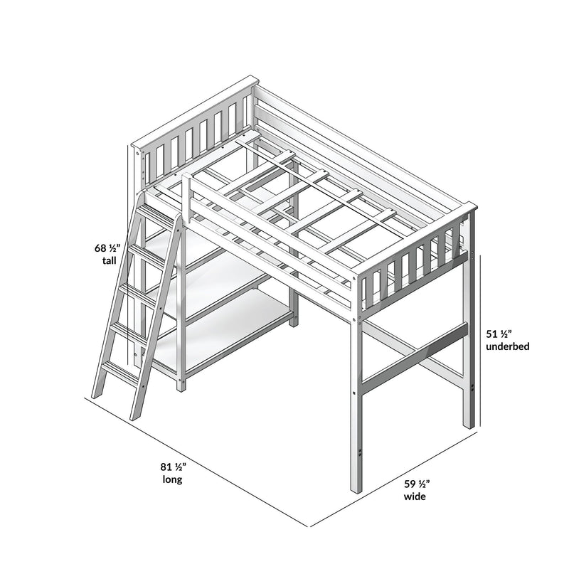 Isometric diagram of a wooden loft bed frame with ladder, guardrails, open slat mattress support and underbed space, labeled dimensions 81½″ long × 59½″ wide × 68½″ tall