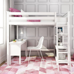 Loft bed with integrated desk in modern white design, pink geometric rug, and ladder shelving unit in a stylish bedroom setting.