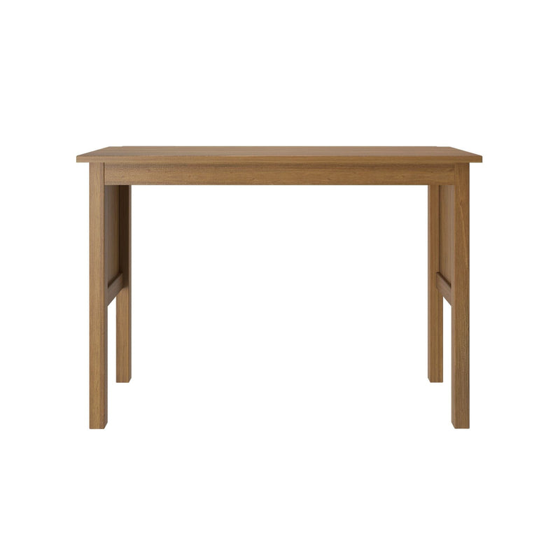 Rectangular natural oak wooden dining table with straight legs and minimalist design on white background