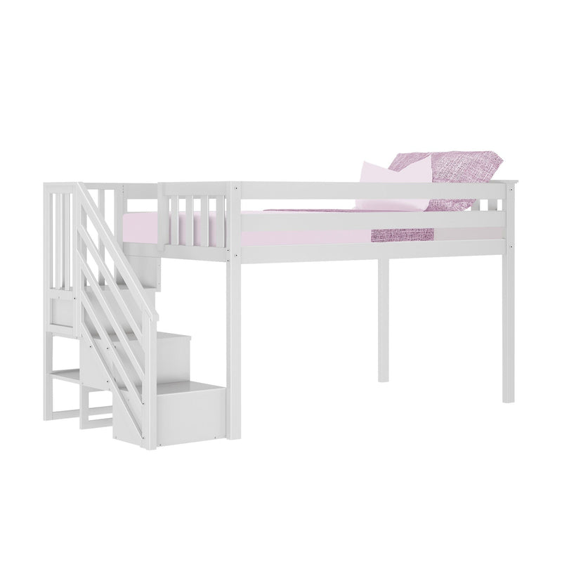 White wooden loft bed with built-in staircase and storage drawers, pink bedding, space-saving twin bed for kids' bedrooms