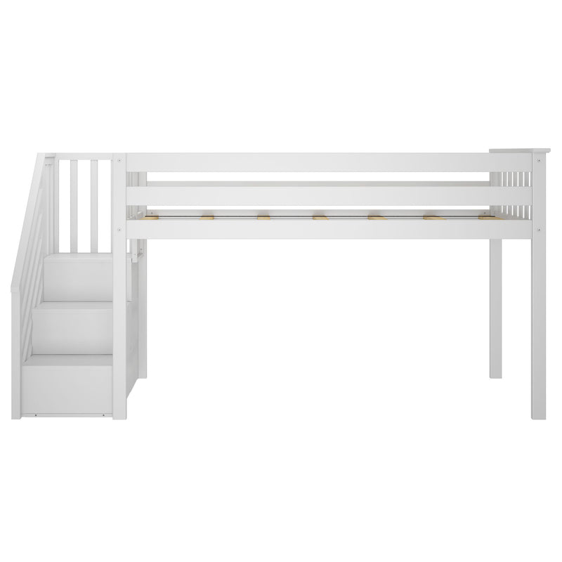 White wooden loft bed with built-in staircase storage, safety rails, and slatted mattress support