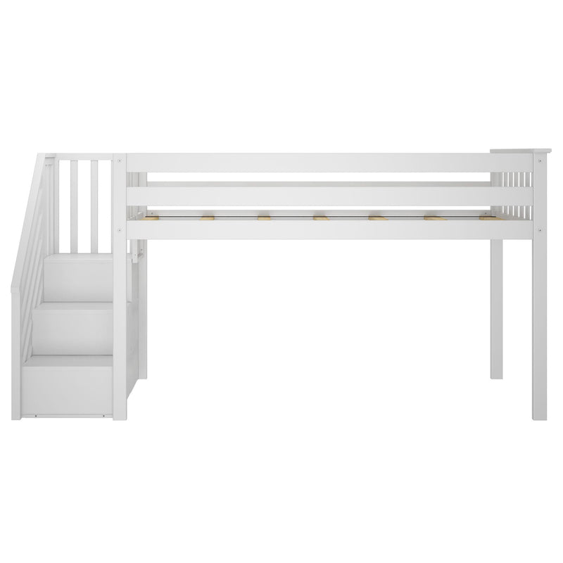 White wooden loft bed with built-in staircase storage, safety rails, and slatted mattress support