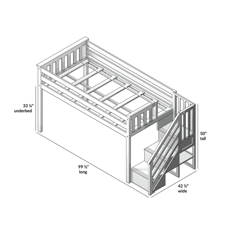 Isometric assembly diagram of a wooden loft bunk bed with staircase storage, guardrails and slatted mattress support — 99½″ long × 42½″ wide × 50″ tall with 33¼″ underbed clearance