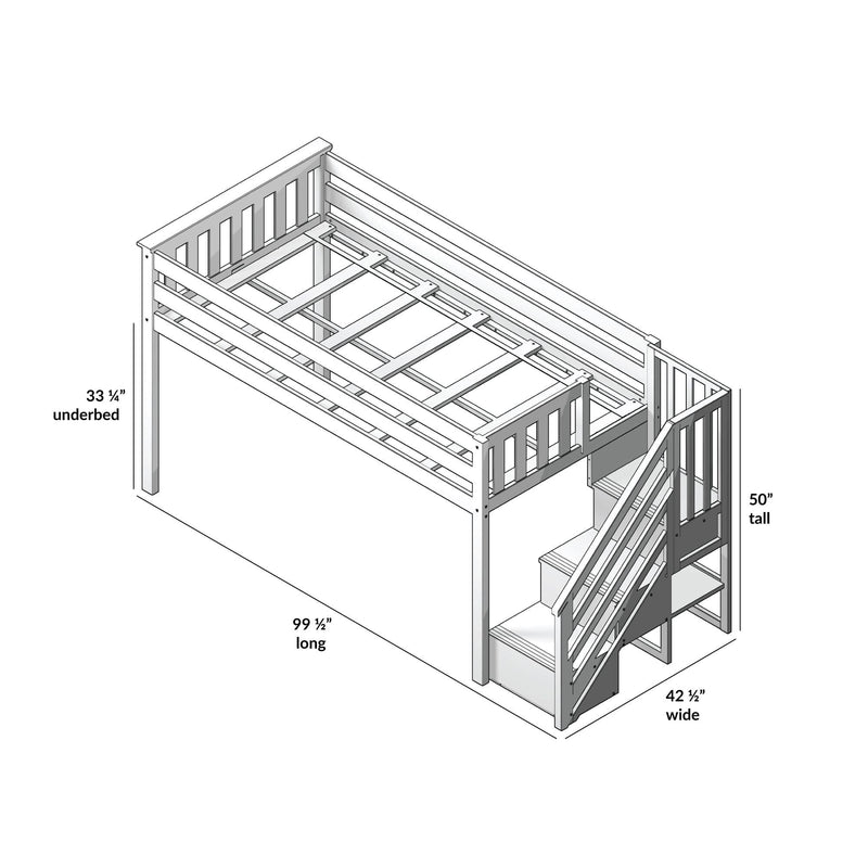 Twin loft bed with staircase and built-in storage steps, assembly diagram showing slatted guard rails and frame, dimensions 99 1/2 in long × 42 1/2 in wide × 50 in tall with 33 1/4 in underbed clearance