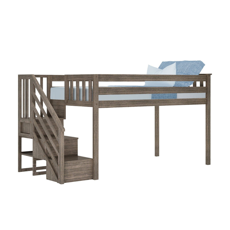 Loft bed with stairs and built-in storage – gray weathered wooden raised platform with guardrail, blue bedding and pillows, space-saving kids' bedroom furniture