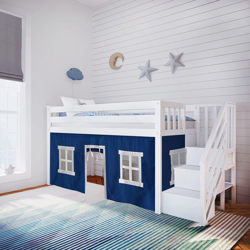 White loft bed with blue playhouse tent and steps in a children's room with striped rug.