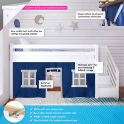 White wooden kids' loft bed with blue curtains, featuring staircase entry, low profile design, secure Velcro attachments, and solid New Zealand pine construction.
