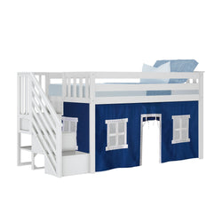 White wooden loft bed with blue canopy and stairs, children's playhouse design furniture.