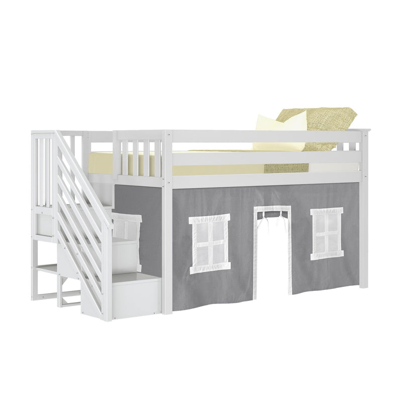 White wooden kids loft bed with stairs, twin yellow mattress and pillows on top and grey playhouse tent with window panels underneath