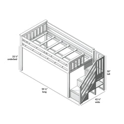 Loft bed with stairs, dimensions 99 ½” long, 42 ½” wide, 50” tall, perfect for maximizing space in small bedrooms.