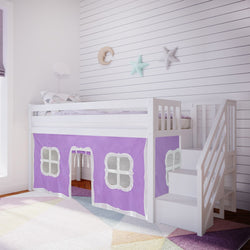 White bunk bed with a purple playhouse curtain and stairs in a modern kids' bedroom.