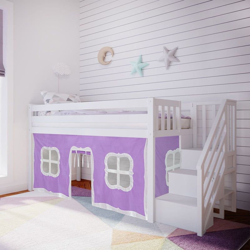 White wooden kids loft bed with stairs and purple playhouse curtain, star and moon wall decor in a bright pastel children's bedroom