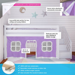 Kids loft bed with purple play tent and staircase, ideal for low ceilings, featuring New Zealand pine construction, reversible setup, and 400lb weight capacity.