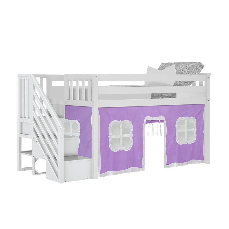 White wooden kids loft bed with staircase storage, top mattress and gray pillows, purple playhouse tent curtains underneath