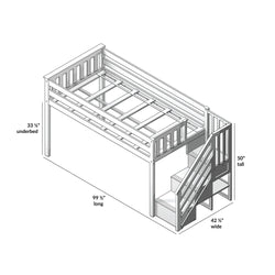 Detailed diagram of a white wooden loft bed with dimensions, including a staircase for easy access, ideal for optimizing bedroom space.
