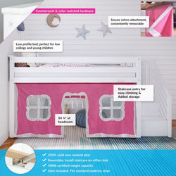 White loft bed with pink curtains, staircase entry, secure velcro attachment, solid New Zealand pine construction, reversible staircase, 400lb weight capacity, suitable for low ceilings and children.