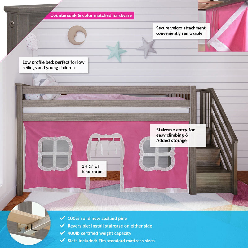 Low-profile gray wood kids loft bed with staircase and pink playhouse curtain, solid New Zealand pine frame and safety rails