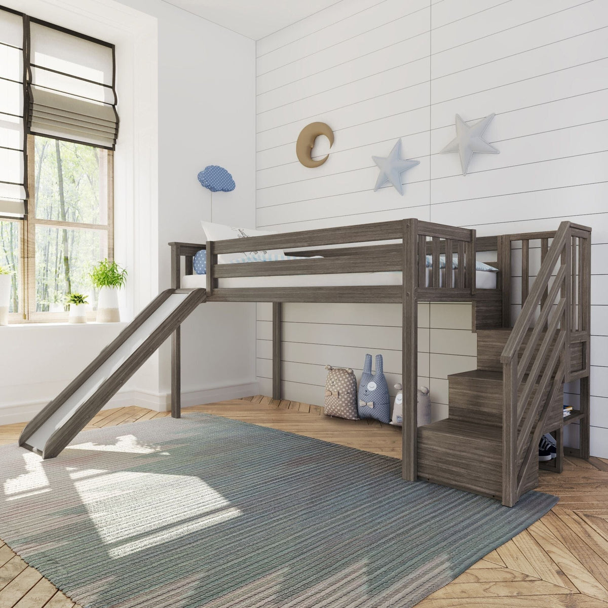 Kid's Twin Low Loft Bed with Stairs + Slide