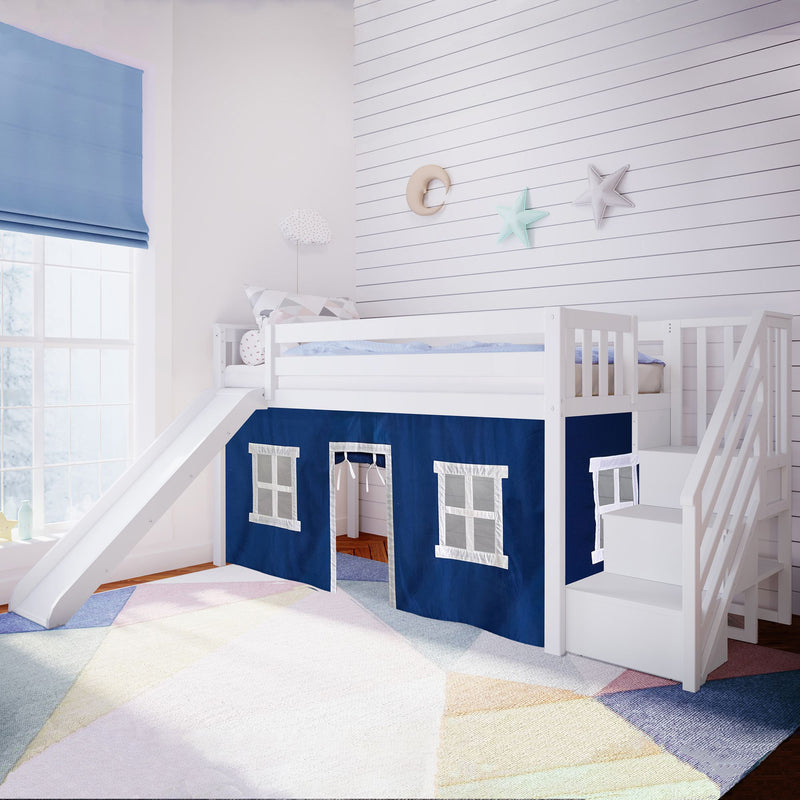Twin Low Loft with Stairs and Slide with Curtains