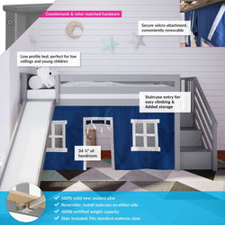 Gray children's loft bed with slide and staircase, featuring storage, removable curtains, and built with solid New Zealand pine for low ceilings.