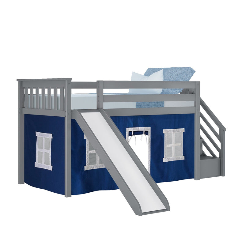 Gray kids loft bed with slide and blue tent design for fun and functional bedroom setup.