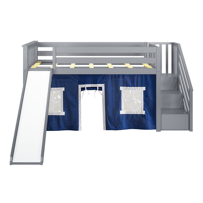 Gray wooden loft bed for kids with slide and blue fabric tent, featuring stairs for easy access.