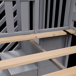 Wooden slat assembly on a modern grey metal frame for furniture design.