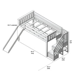 Loft bed with built-in ladder and slide, featuring dimensions including height, width, and length.