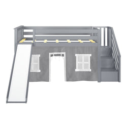 Gray children's loft bed with slide and stairs, featuring playhouse tent and window design.