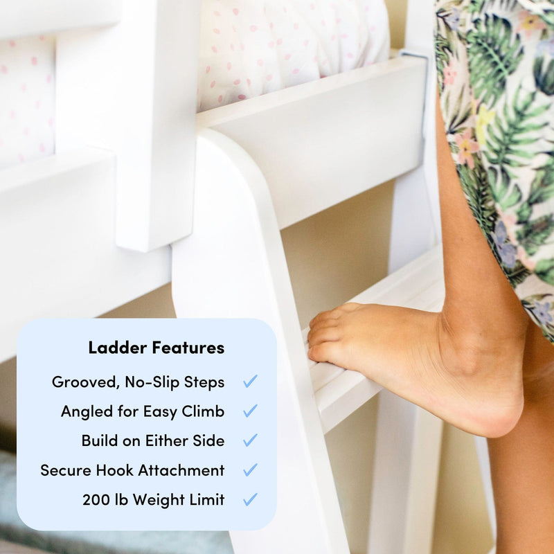Child stepping on white wooden bunk bed ladder with grooved no‑slip angled steps, secure hook attachment, builds on either side, 200 lb weight limit