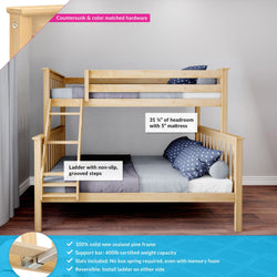 Solid New Zealand pine twin-over-full bunk bed in natural finish — ladder with non-slip grooved steps, 31 1/4 in headroom with 5 in mattress, 400 lb support bar, slats included, reversible ladder, ideal kids bedroom