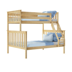 Light natural wood twin-over-full bunk bed with angled ladder, slatted guardrails and blue bedding — space-saving kids' bedroom furniture