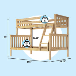 Twin-over-full solid wood bunk bed in natural maple finish with angled ladder and safety guardrails, 400 lb weight capacity per bed, overall dimensions 81.5 in L x 57.75 in W x 65 in H, 36.25 in under-bed clearance