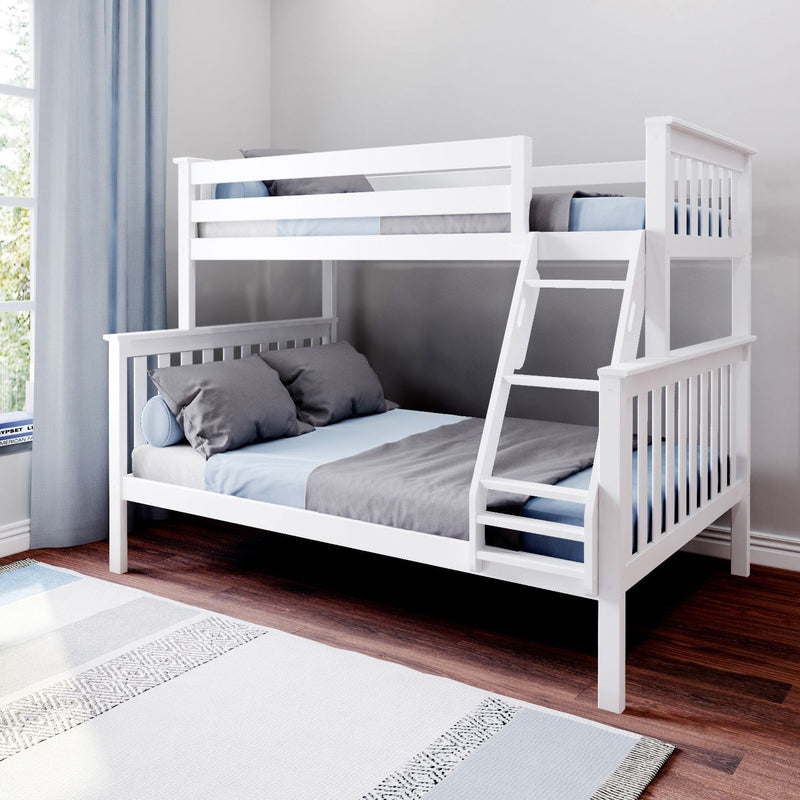 White wooden twin-over-full bunk bed with ladder in a modern kids’ bedroom, blue-gray bedding, hardwood floor and light gray walls