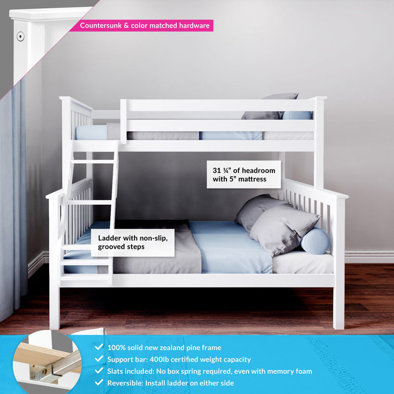 White wooden twin-over-twin kids bunk bed with ladder and guardrails, 100% solid New Zealand pine frame, non-slip grooved steps and light blue bedding