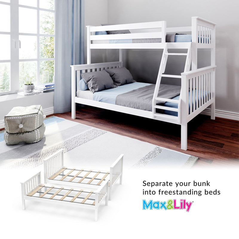 White wooden convertible bunk bed with ladder in a bright kids' bedroom, blue and gray bedding, hardwood floors and large window, separates into two freestanding beds