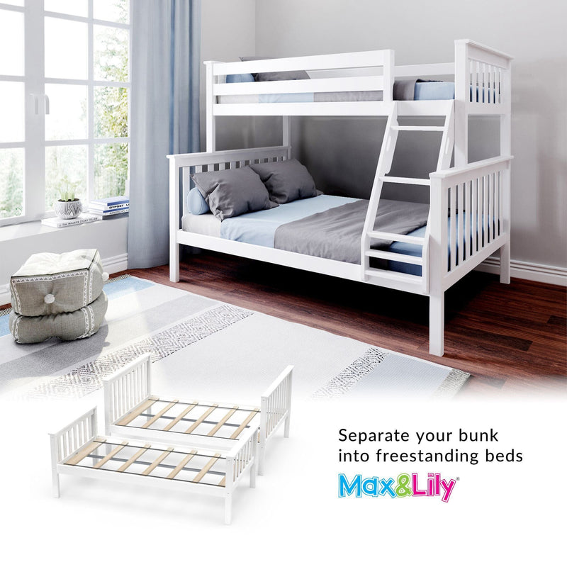 White wooden convertible bunk bed with ladder in a bright kids' bedroom, blue and gray bedding, hardwood floors and large window, separates into two freestanding beds