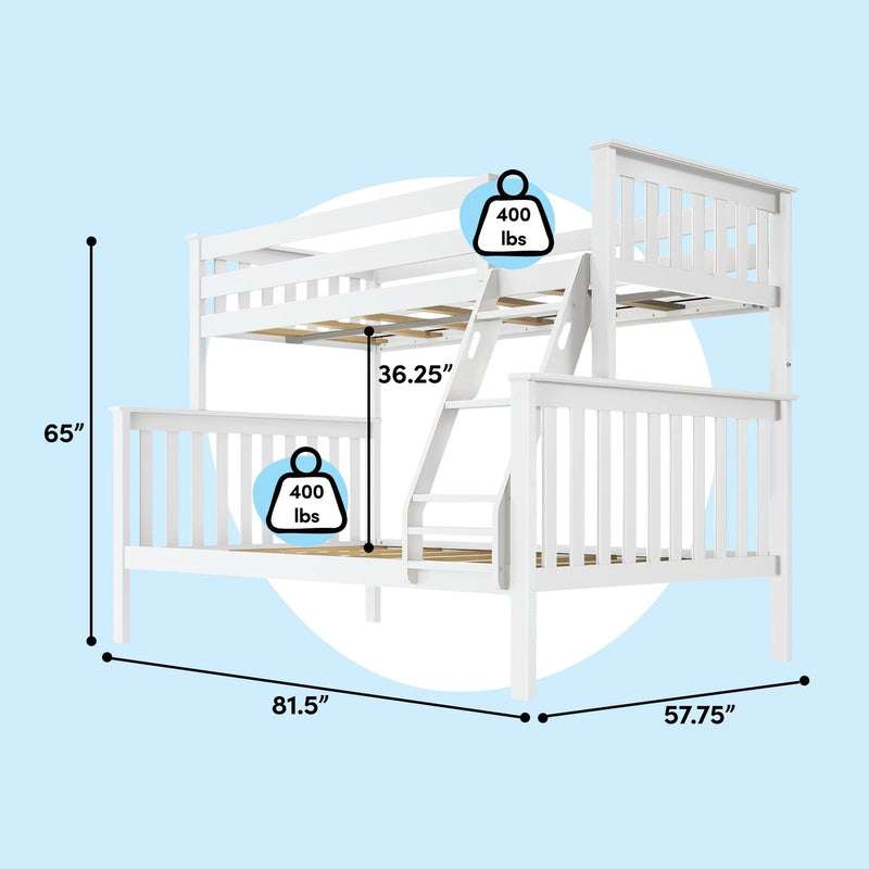 White wooden loft bunk bed with ladder and guardrails, measurement diagram showing 81.5 in × 57.75 in × 65 in, 36.25 in clearance and 400 lb capacity