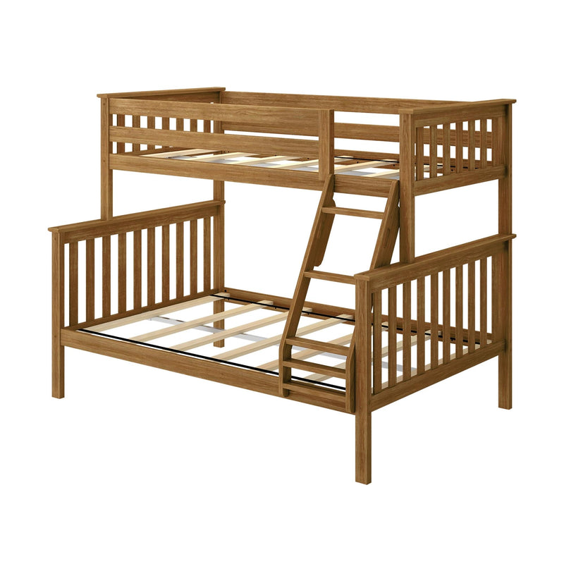 Natural oak-finish wooden twin-over-full bunk bed with ladder, slatted headboards and footboards, sturdy slat support system, mission-style loft frame