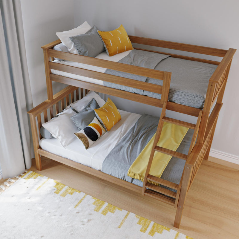 Modern wooden bunk bed with natural wood frame and ladder, styled with grey bedding and yellow accent pillows in a bright kids' bedroom