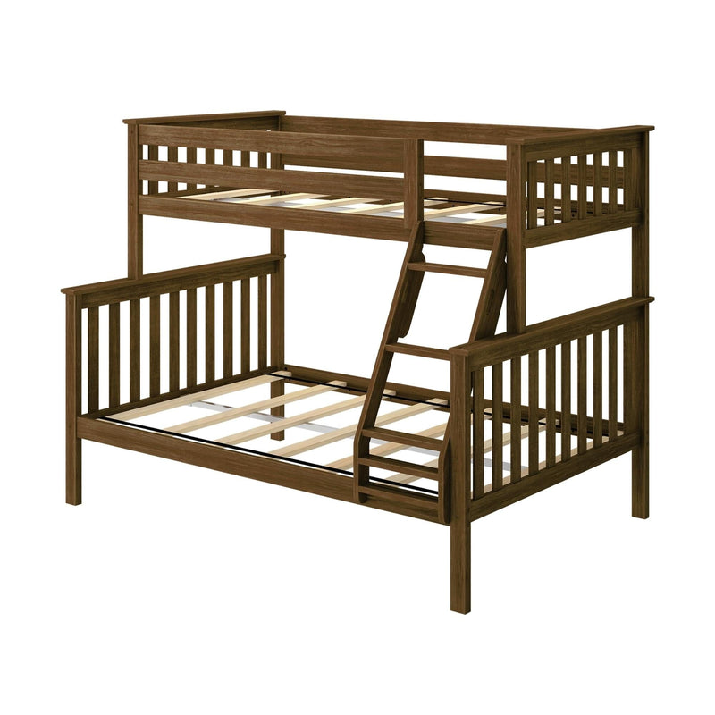 Twin-over-full wooden bunk bed frame with ladder, slatted guardrails and open slat mattress supports in brown wood finish