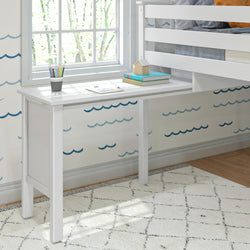 White bunk bed with built-in desk and colorful decor in a bright room.