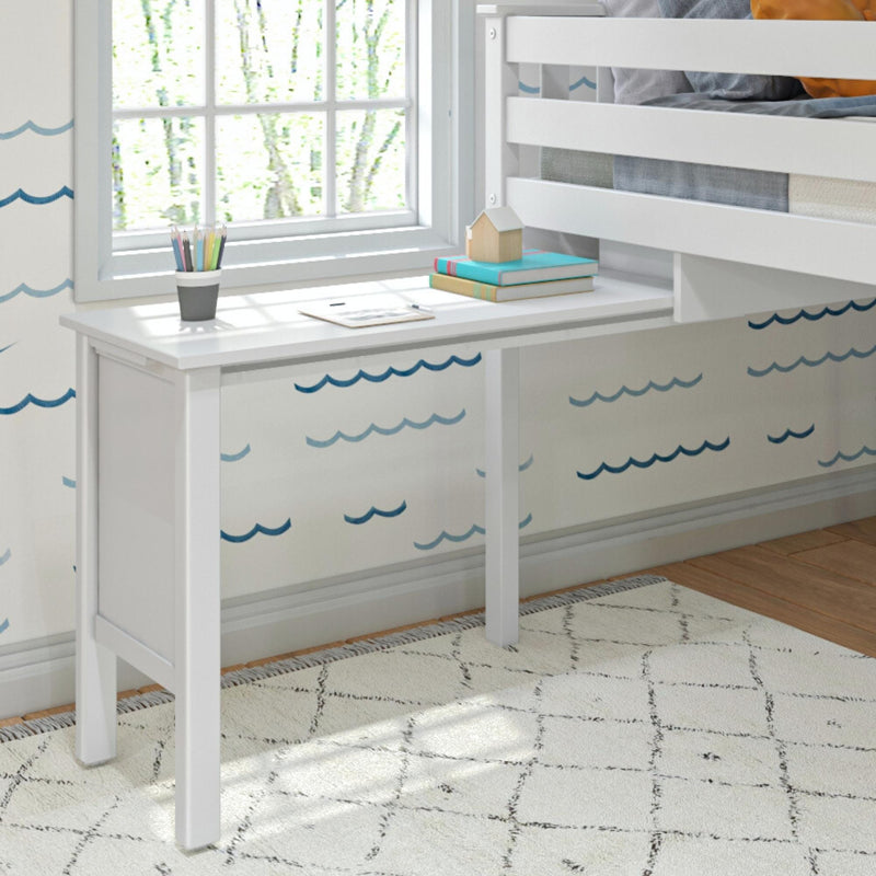 White bunk bed with built-in desk and colorful decor in a bright room.