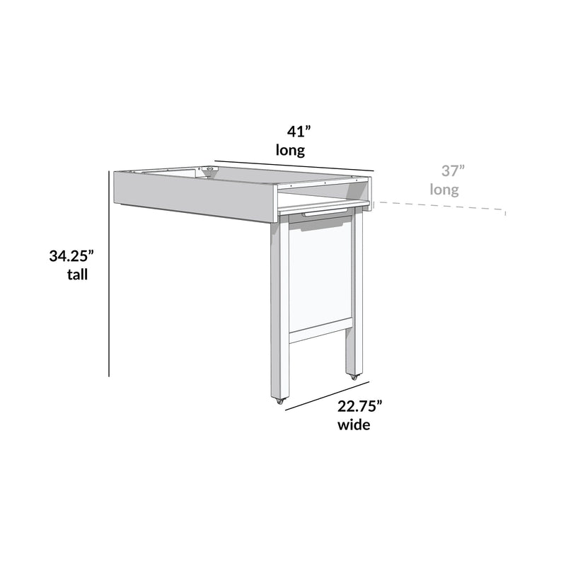 Diagram of adjustable table with dimensions: 41 inches long, 22.75 inches wide, and 34.25 inches tall.